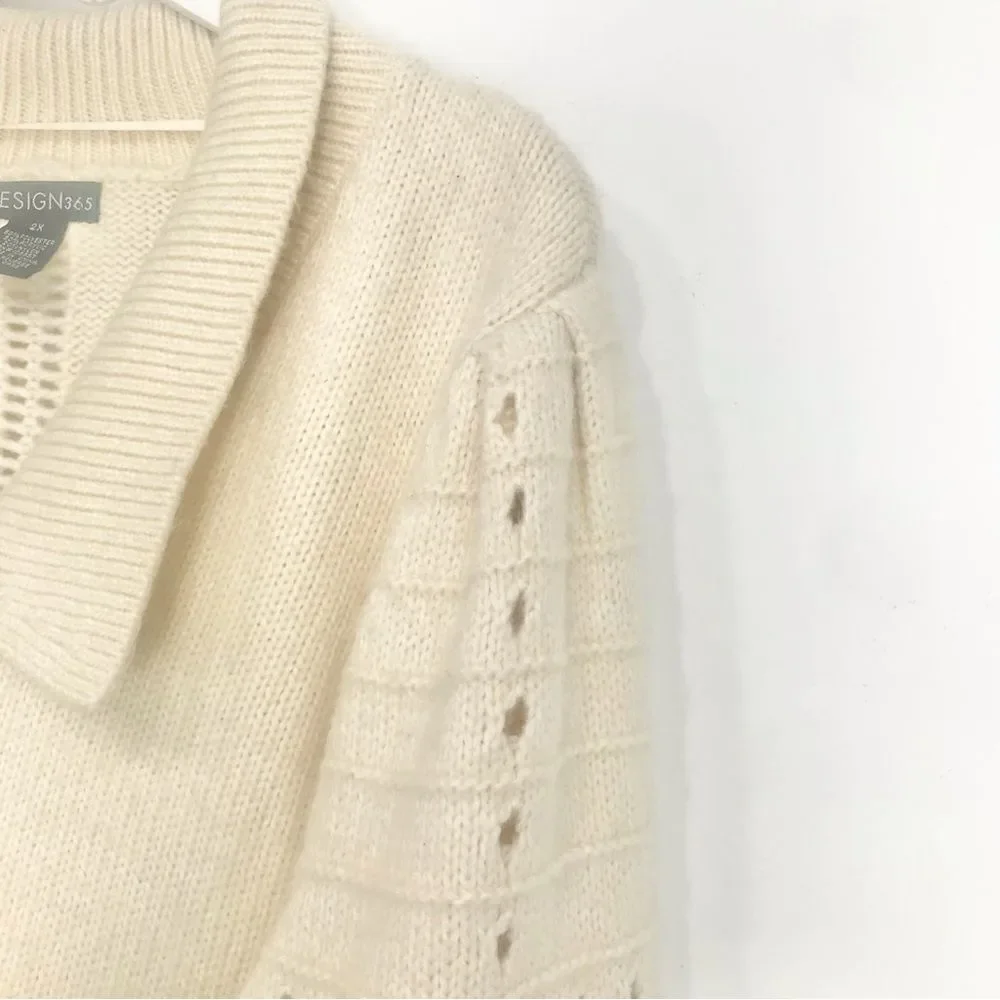 Design 365 Cream Cozy Puff Sleeve Collared Pullover Thick Knit Sweater